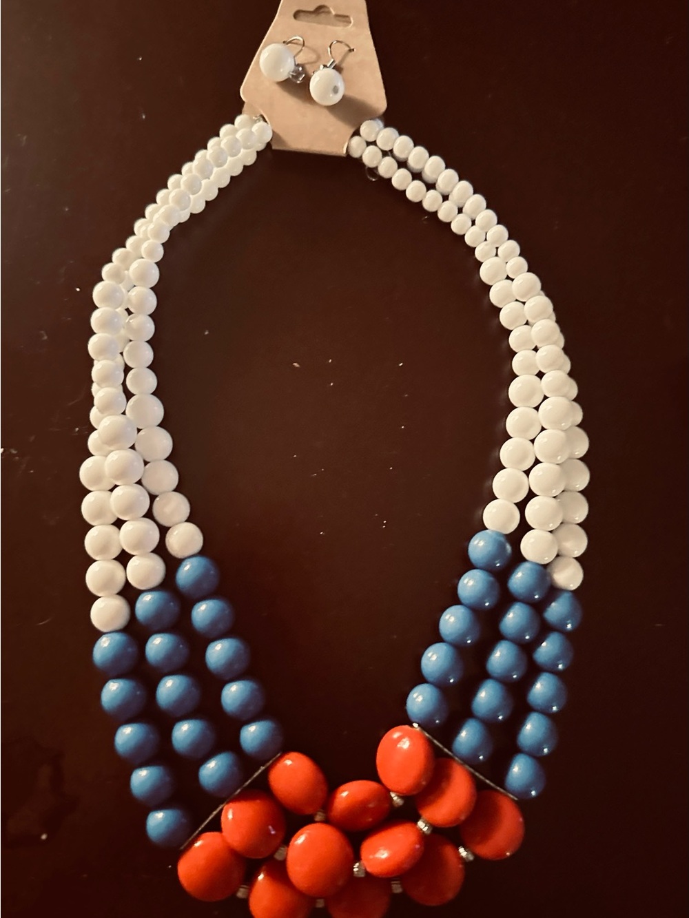 White, Blue & Red Beaded Statement Necklace with Matching Earrings